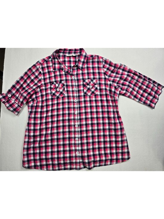 Cato Tops - Cato Woman Pink & Navy Plaid Button-Up Shirt 22/24W 100% Cotton 3/4 Sleeves